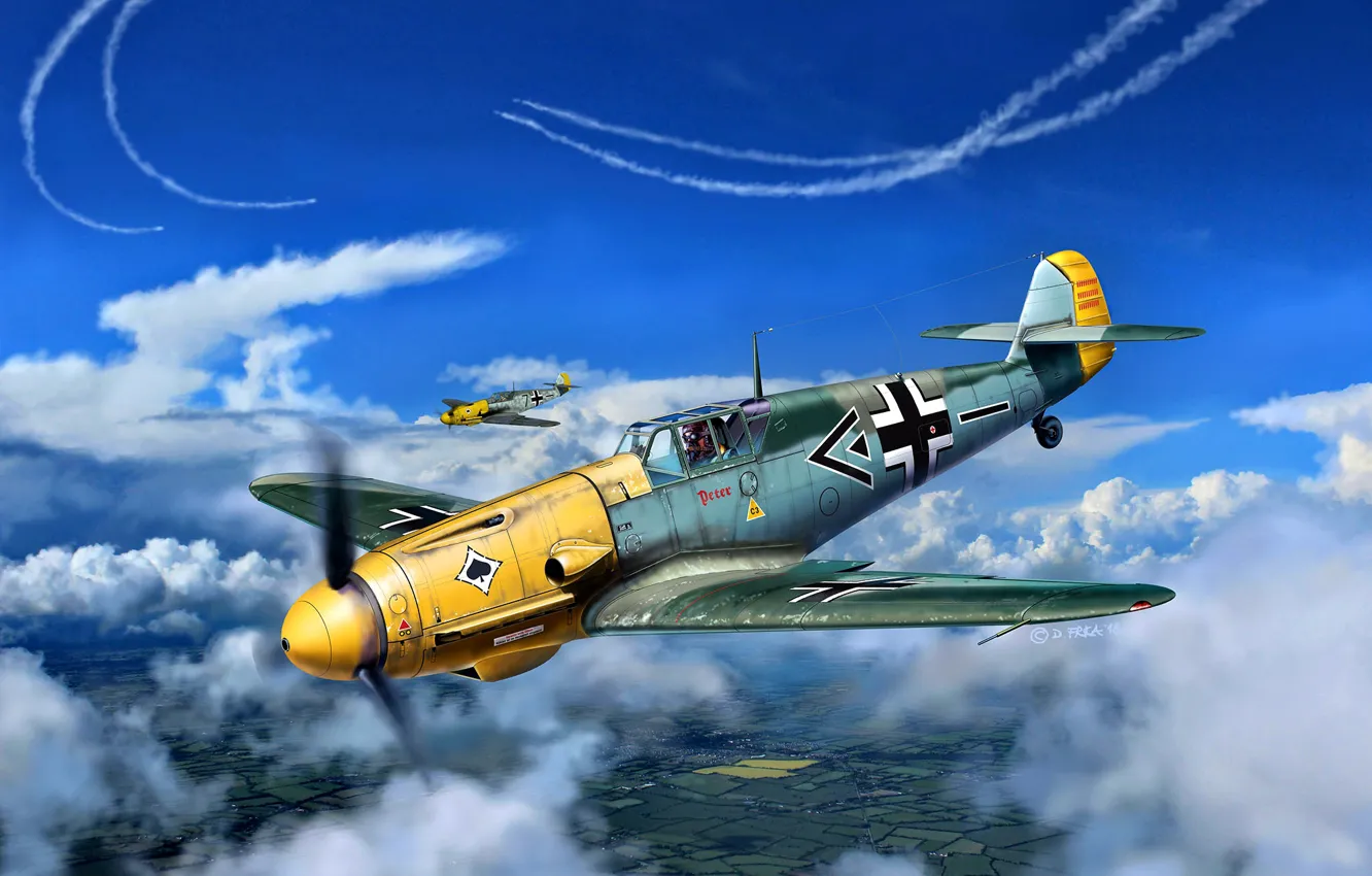 Фото обои Messerschmitt, Bf-109, WWII, Bf.109F-2, ''Pick As'', JG53, Hptm.Heinz Bretnütz, II./JG53