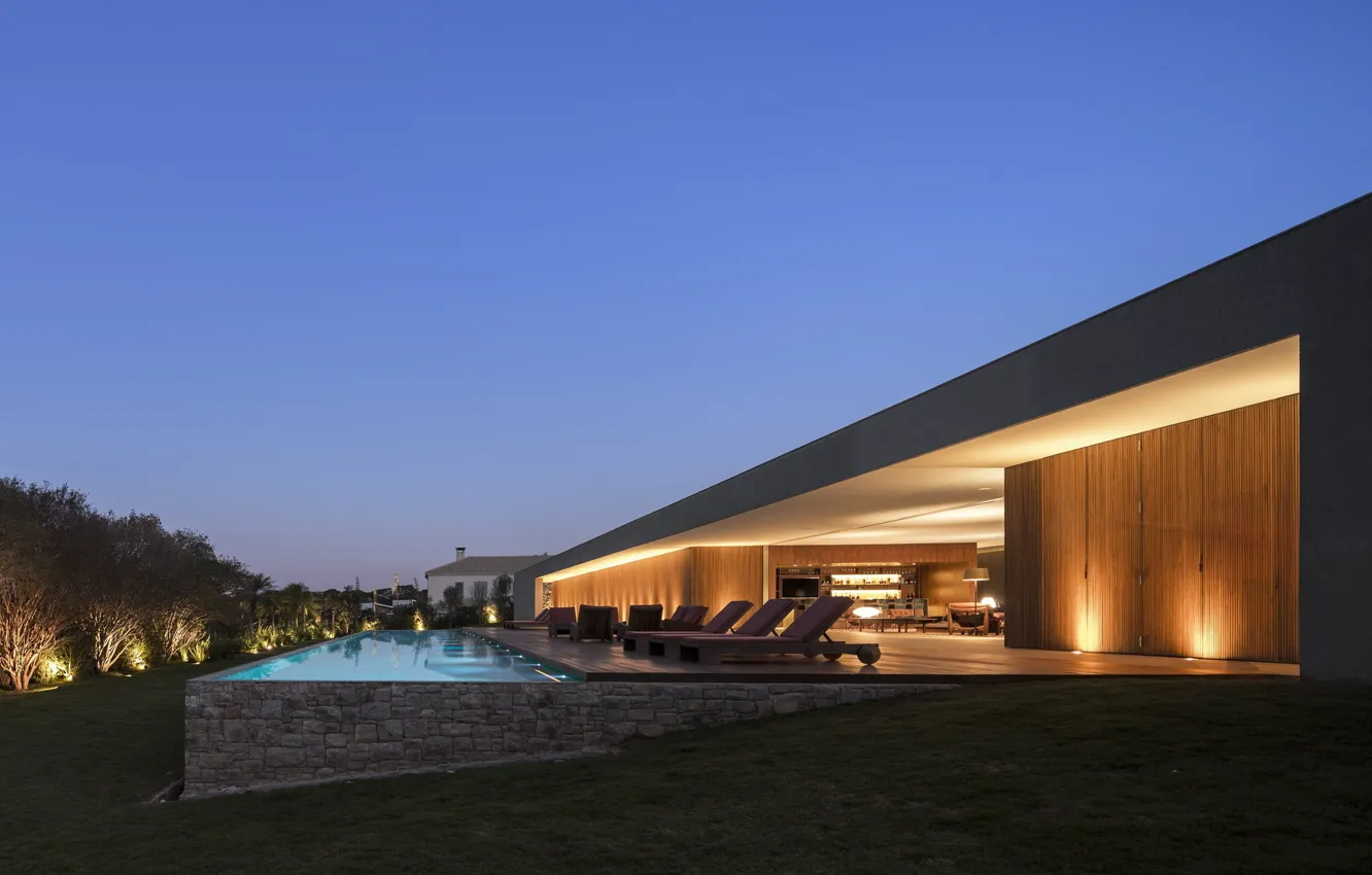 Фото обои вилла, вечер, бассейн, освещение, outdoor-indoor house, by Studio Marcio Kogan-27, Casa Lee