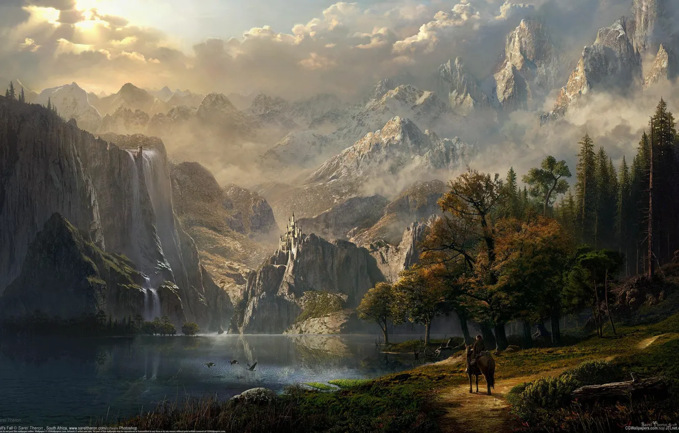 Фото обои лес, девушка, горы, озеро, замок, конь, эльф, водопад