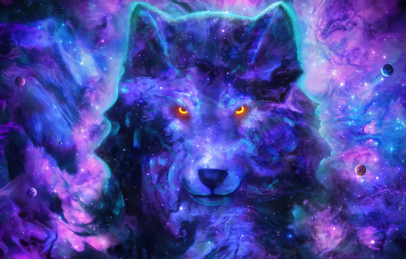Фото обои Digital Art, цифровое искусство, Космический волк, Cosmic Wolf