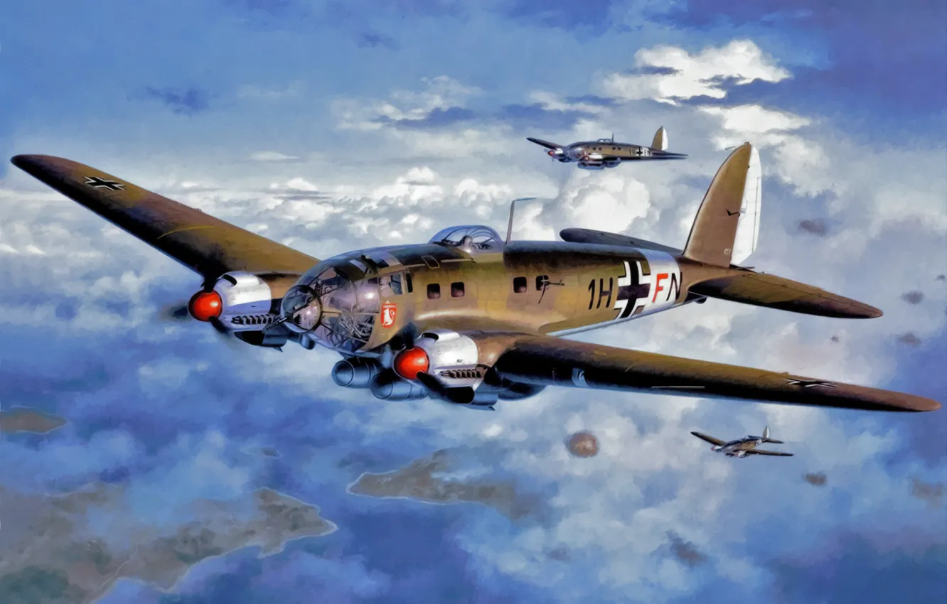 Фото обои bomber, art, airplane, painting, aviation, Heinkel He 111, ww2.war