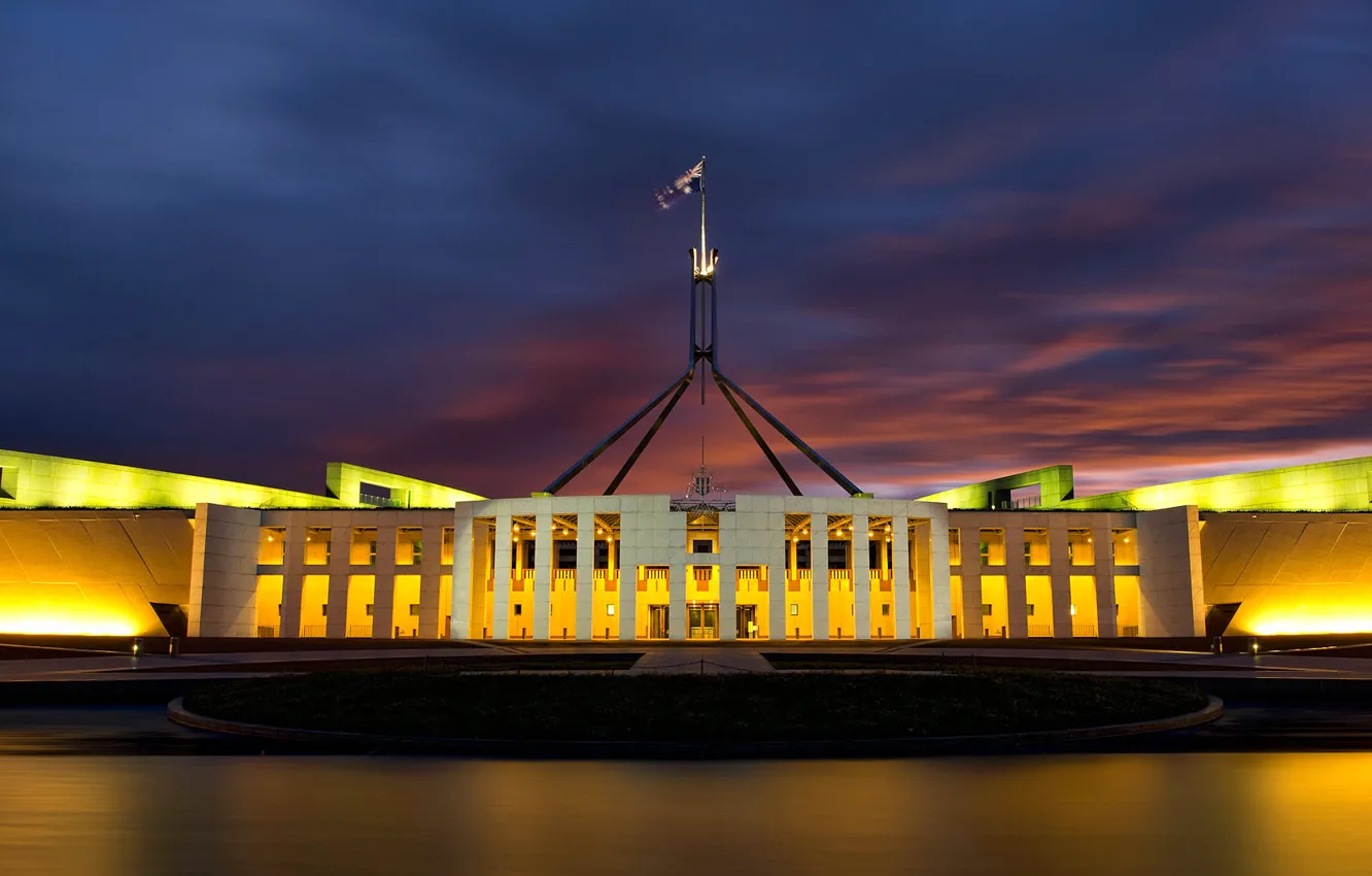 Фото обои ночь, огни, Австралия, парламент, Канберра