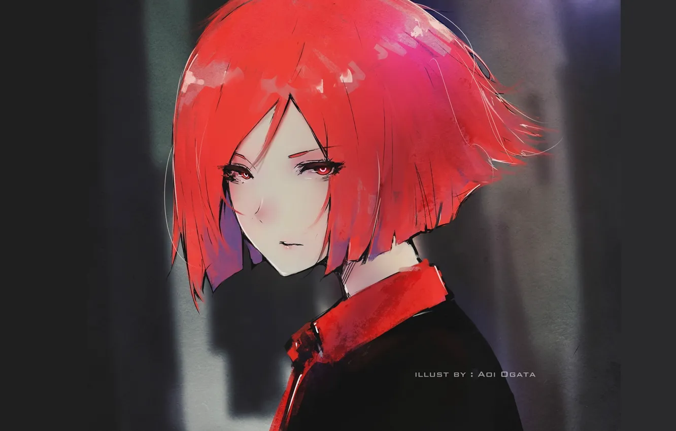 Фото обои взгляд, лицо, стрижка, girl, тёмный фон, красные волосы, портрет девушки, Aoi Ogata
