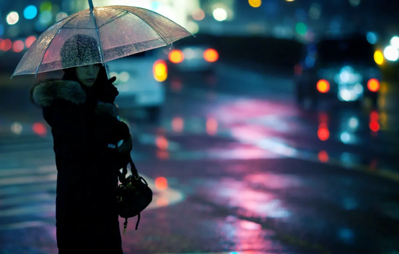 Фото обои девушка, город, вечер, зонт