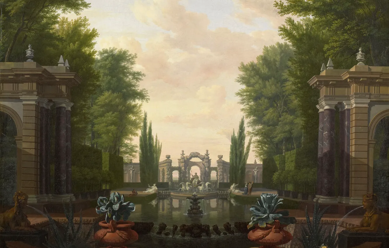 Фото обои масло, картина, холст, Изак де Мушерон, Пруд со Статуями и Арками в Парке