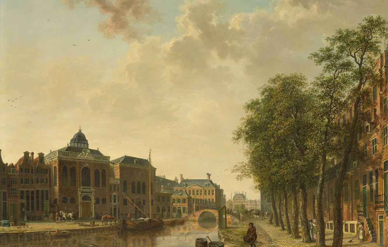 Фото обои дерево, масло, картина, городской пейзаж, Хендрик Кеун, Вид на Рынок Лесоматериалов в Амстердаме
