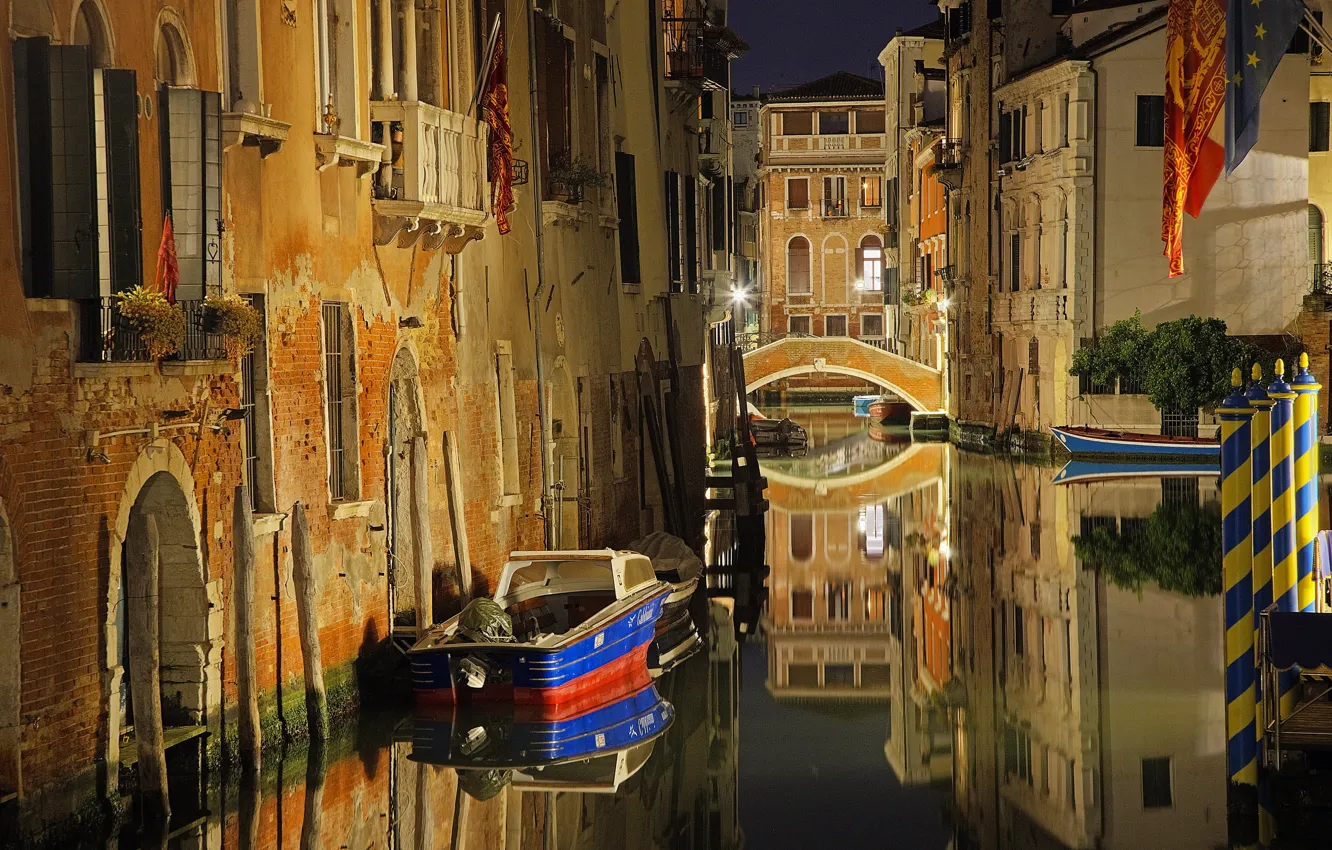 Фото обои мост, огни, дома, Италия, Венеция, канал