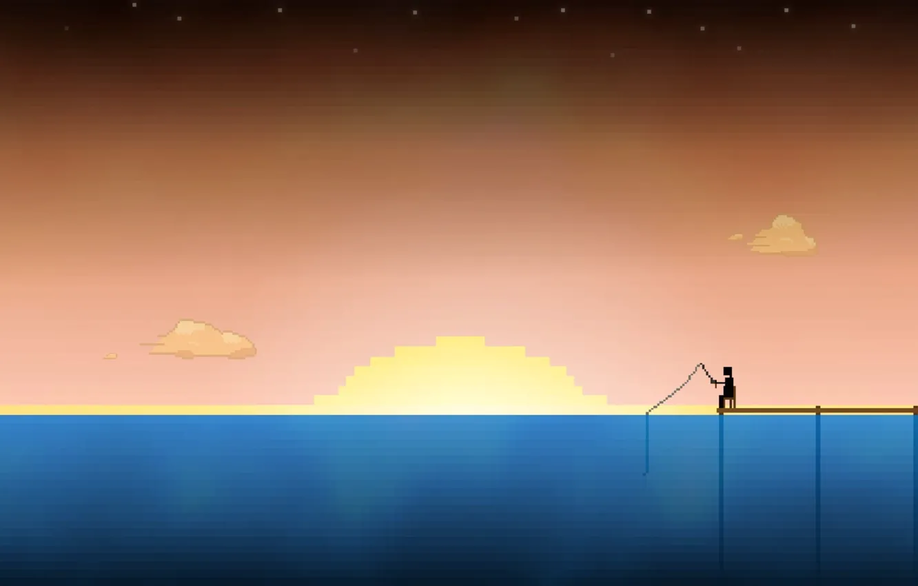 Фото обои Солнце, Море, Графика, Пиксели, 8bit, 8бит, Рыбалка, Рыбак