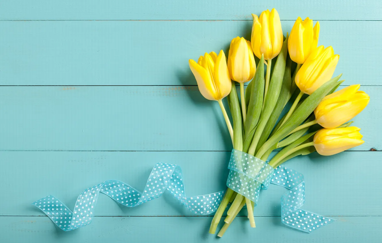 Фото обои цветы, букет, лента, тюльпаны, yellow, wood, flowers, голубой фон