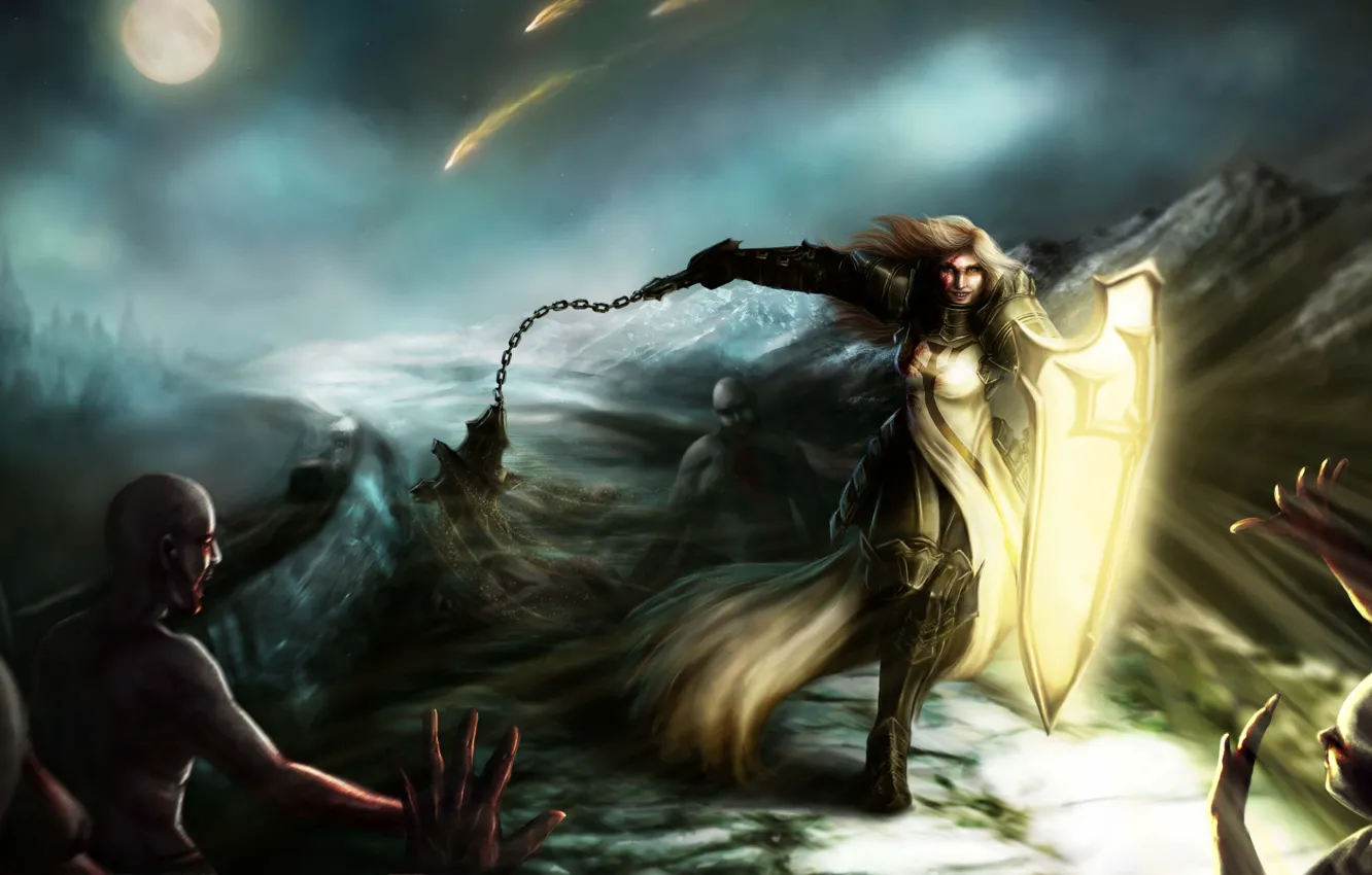 Фото обои девушка, свет, горы, оружие, луна, арт, щит, Diablo III