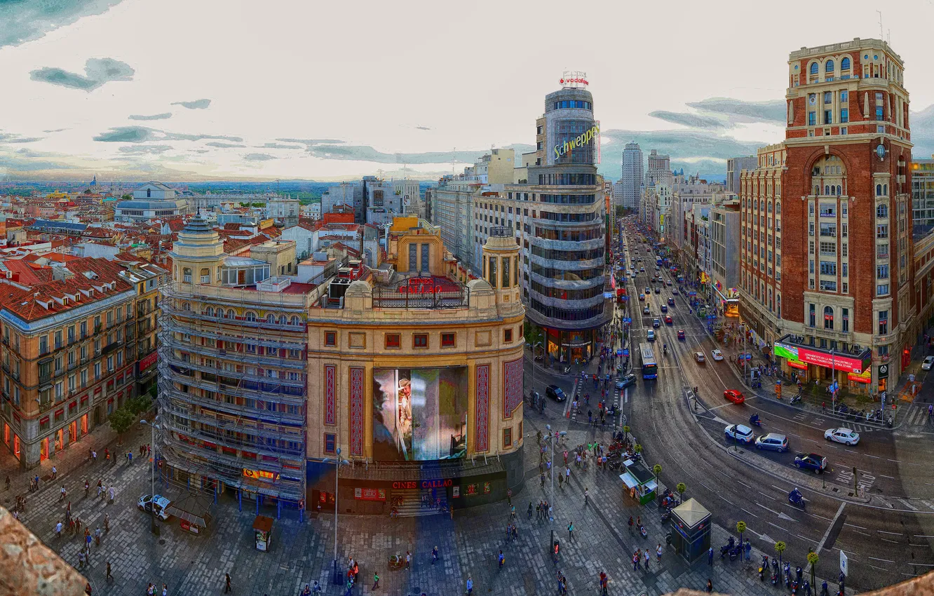 Фото обои небо, улица, дома, Испания, квартал, Мадрид