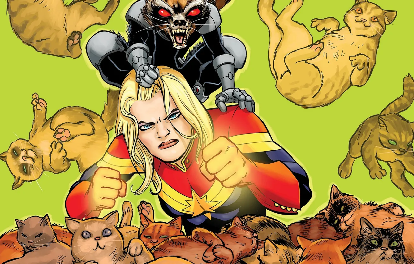 Фото обои кошки, комикс, comics, MARVEL, Carol Danvers, Captain Marvel, Капитан Марвел, rocket raccoon