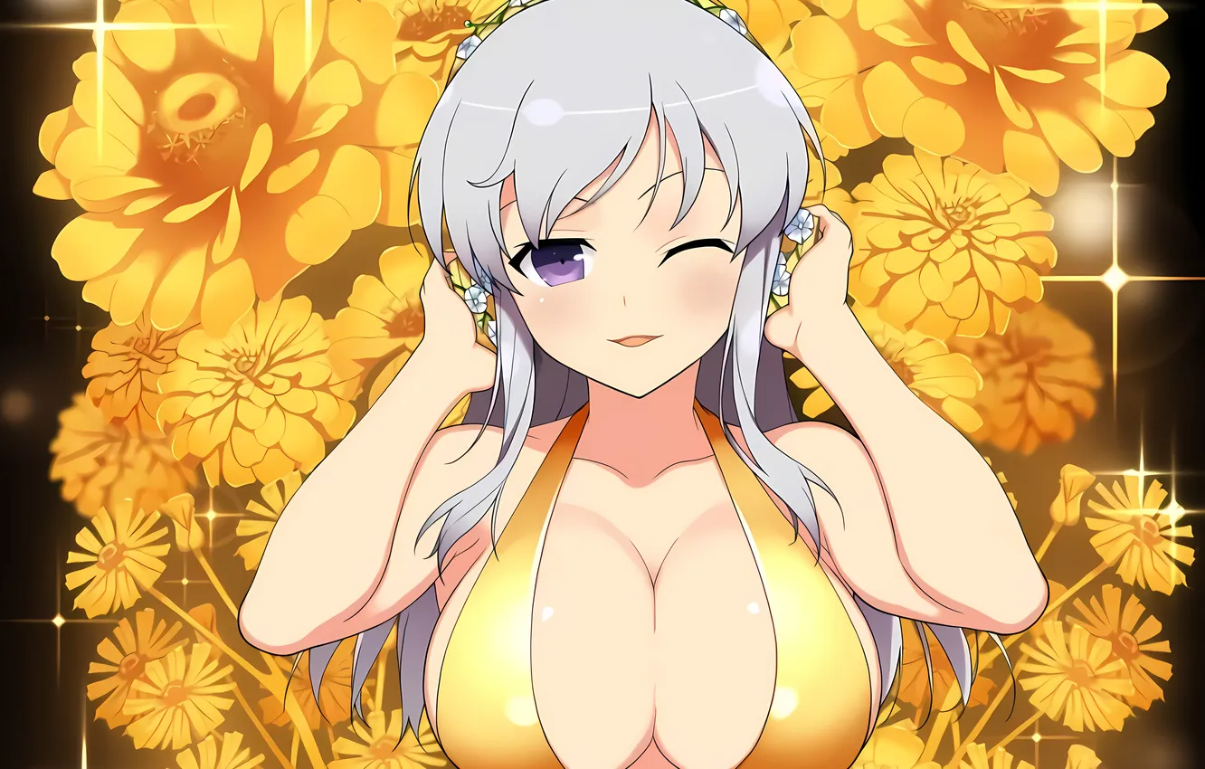 Фото обои girl, sexy, cleavage, long hair, boobs, anime, flowers, beautiful
