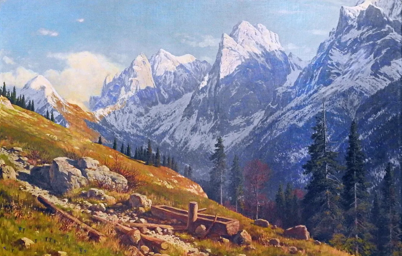 Фото обои Горы, Картина, Немецкий художник, Rudolf Reschreiter, Рудольф Решрайтер, Вид на летний высокогорный пейзаж, Вильдер-Кайзер