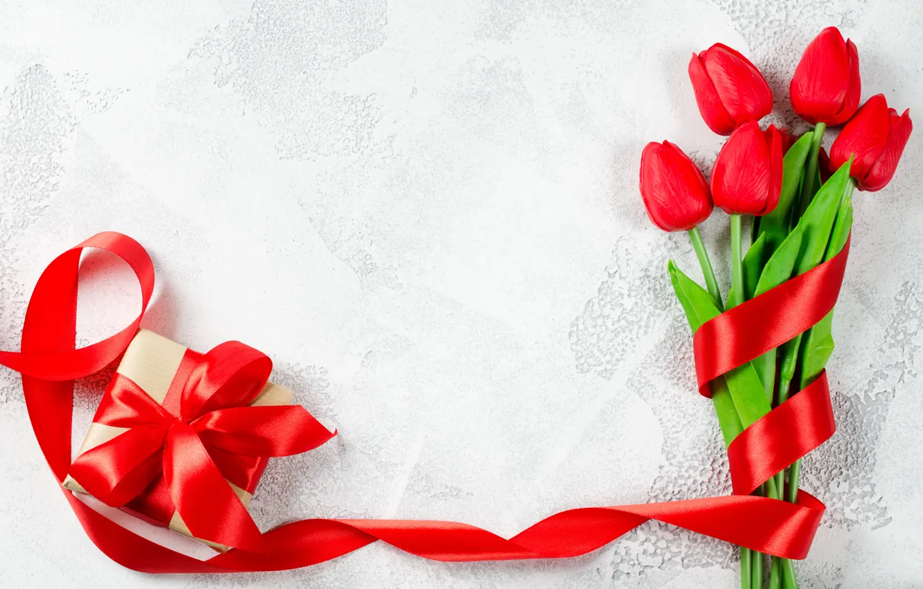 Фото обои любовь, подарок, букет, лента, тюльпаны, красные, red, love