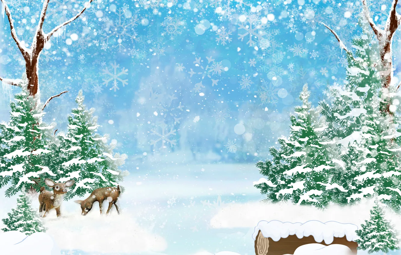 Фото обои зима, лес, снег, деревья, снежинки, блики, арт, сугробы