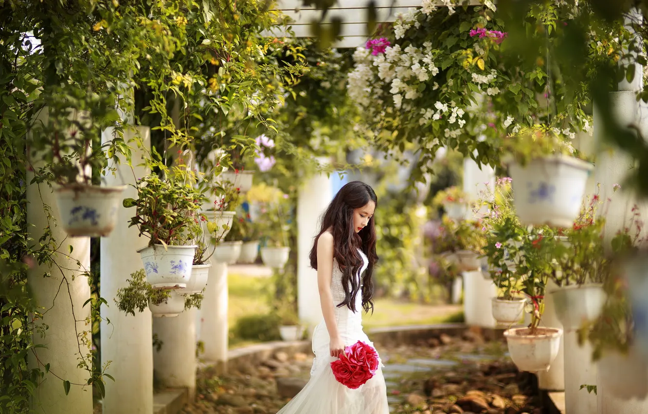 Фото обои лето, девушка, цветы, сад, азиатка