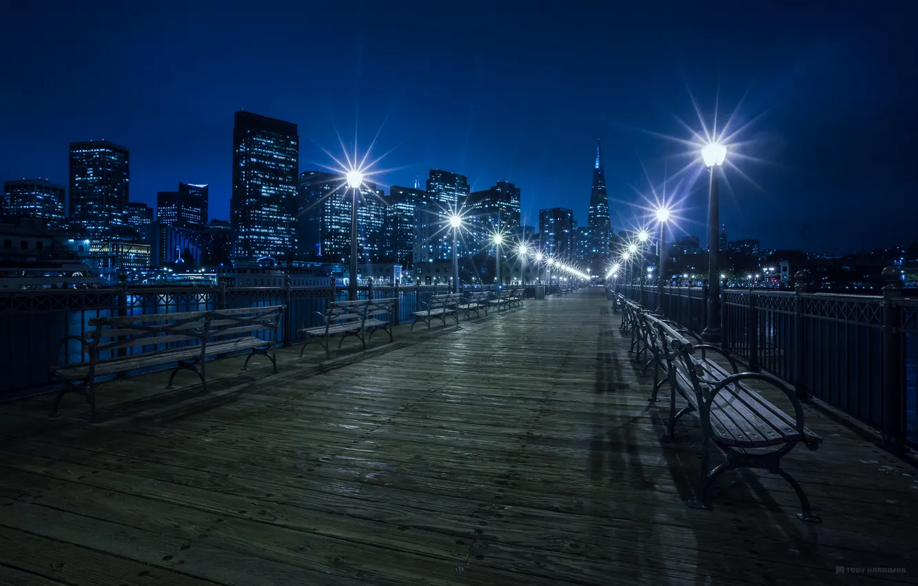 Фото обои ночь, мост, город, огни, фонари, San-Francisco, скамеки