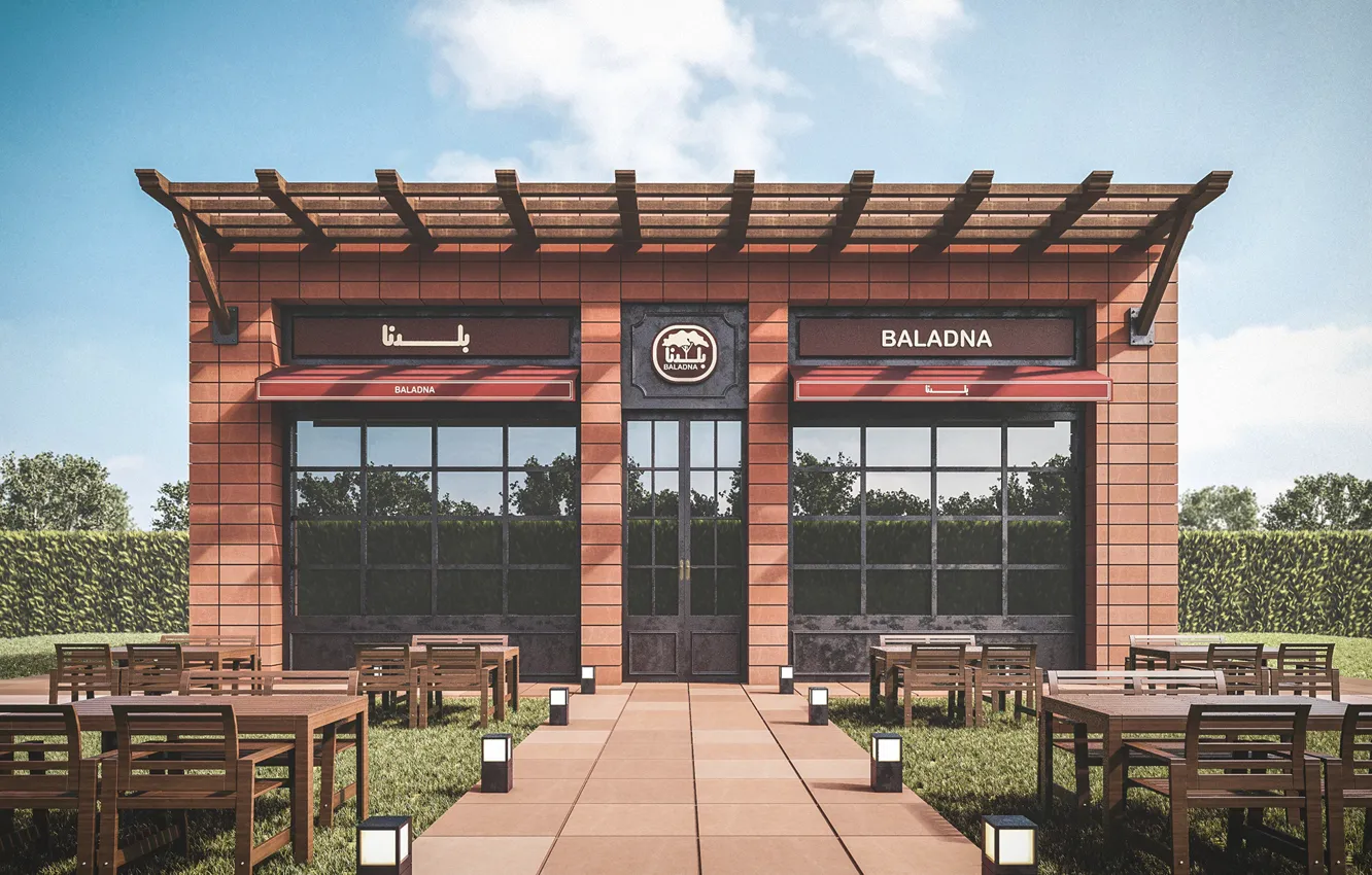 Фото обои газон, фонари, строение, магазин, BALADNA SHOP MARKET