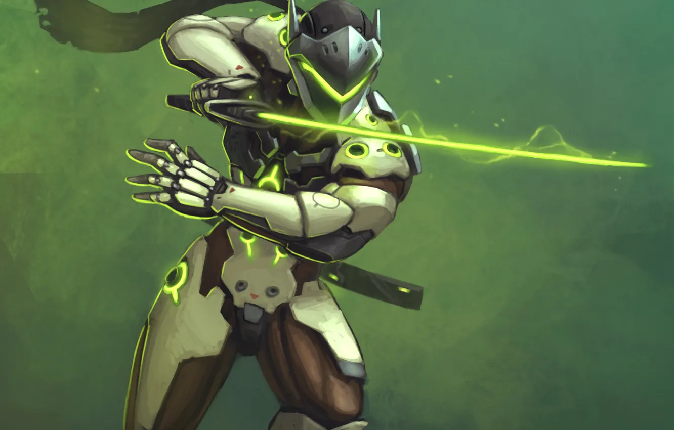Фото обои меч, Blizzard, art, ninja, cyborg, Overwatch, Genji Shimada, Genji