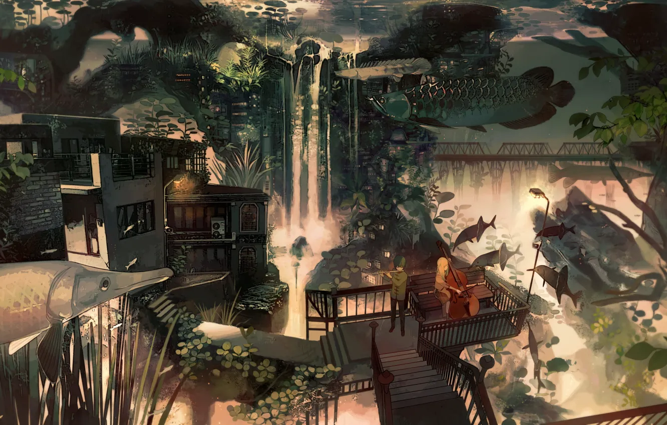 Фото обои мост, дом, водопад, растения, лестница, виолончель, девочка, парень