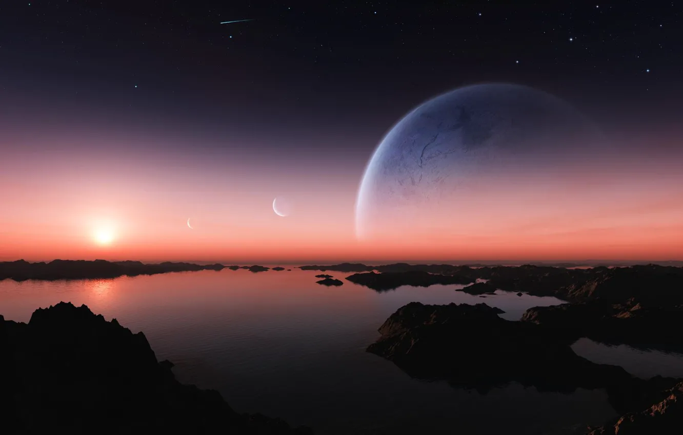 Фото обои вода, поверхность, закат, скалы, звезда, метеор, вечер, комета