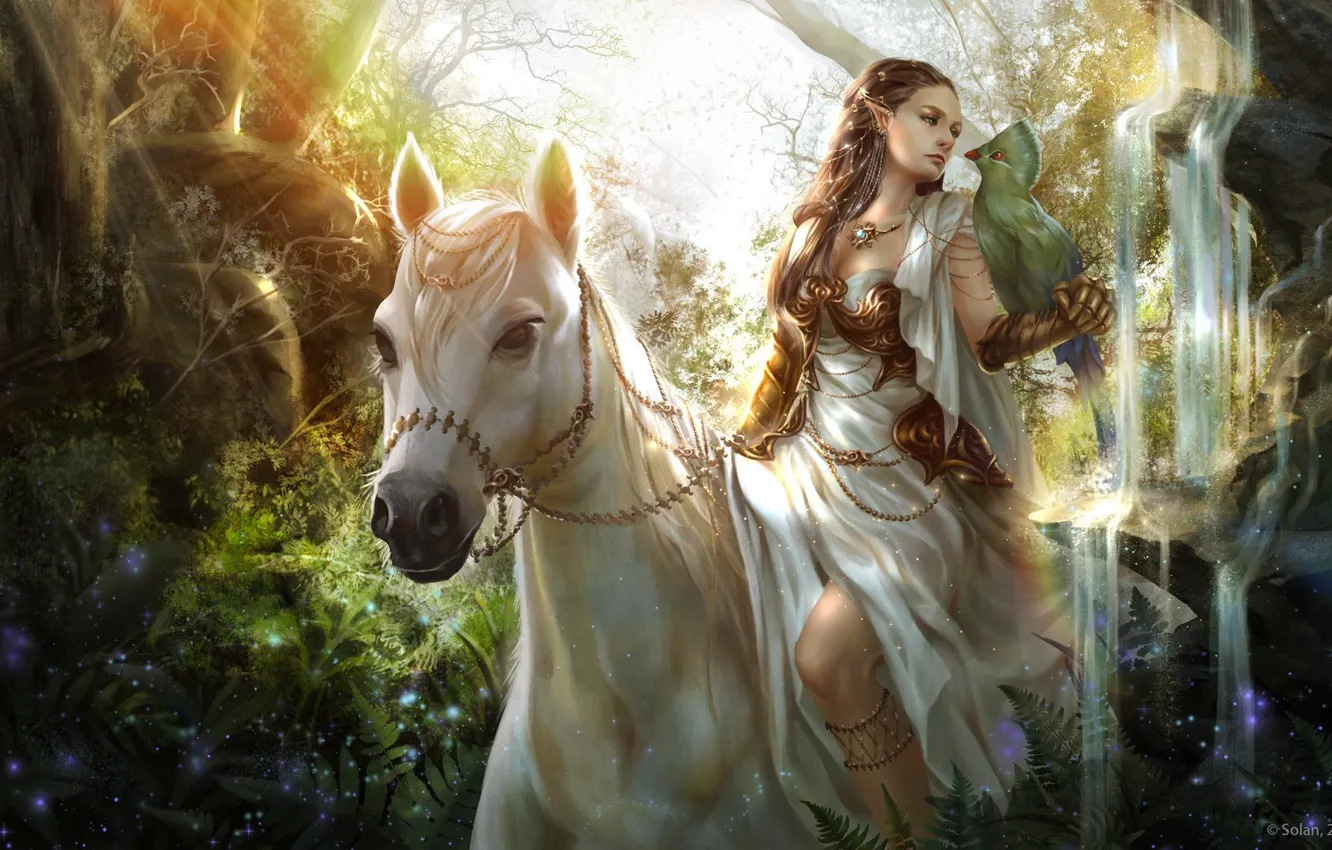 Фото обои взгляд, девушка, птица, лошадь, арт, эльфийка, фэнтази, животное. природа