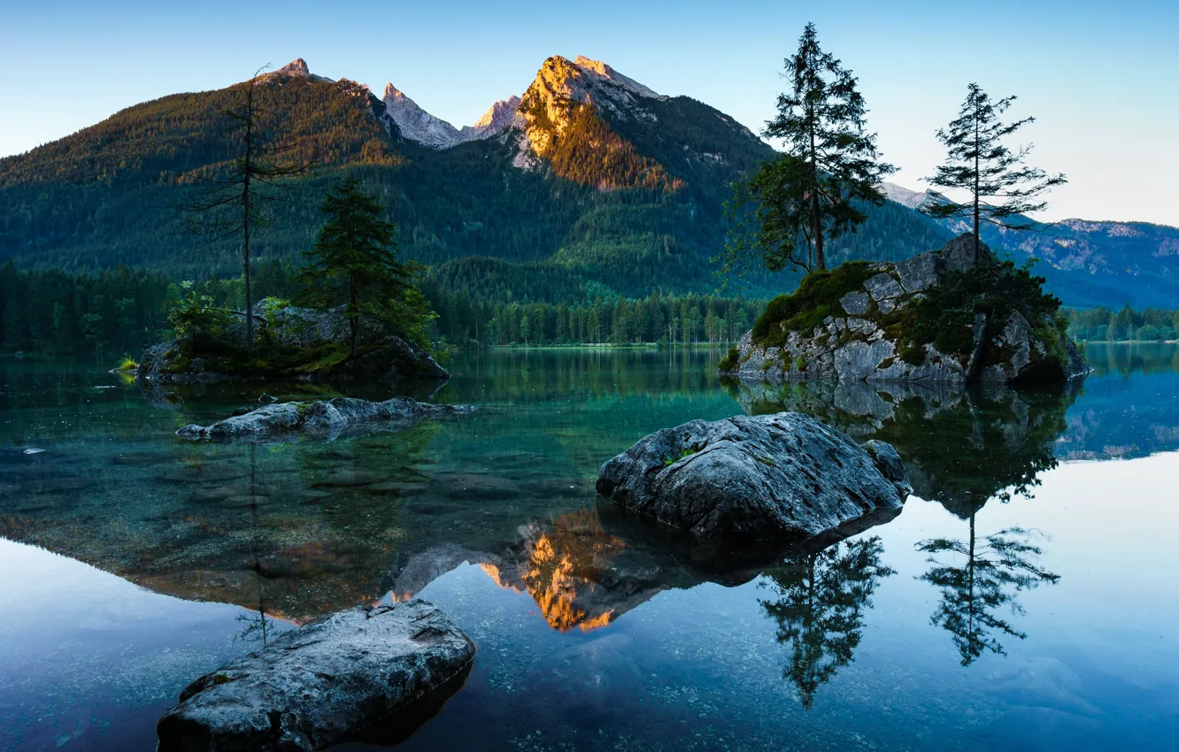 Фото обои лес, деревья, горы, река, камни, Германия, Бавария, Berchtesgaden