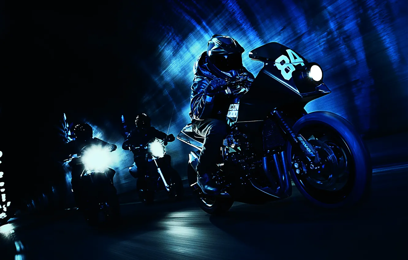 Фото обои ночь, скорость, погоня, Kawasaki, moto, night, custom, speed