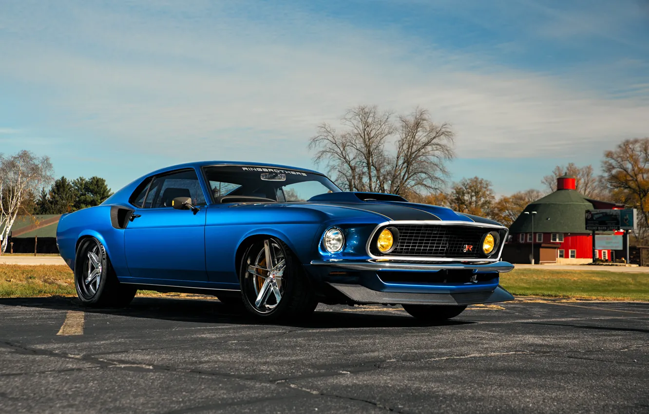 Фото обои Mustang, Ford, 1969, House, Ford Mustang, Blue, Muscle car, Road