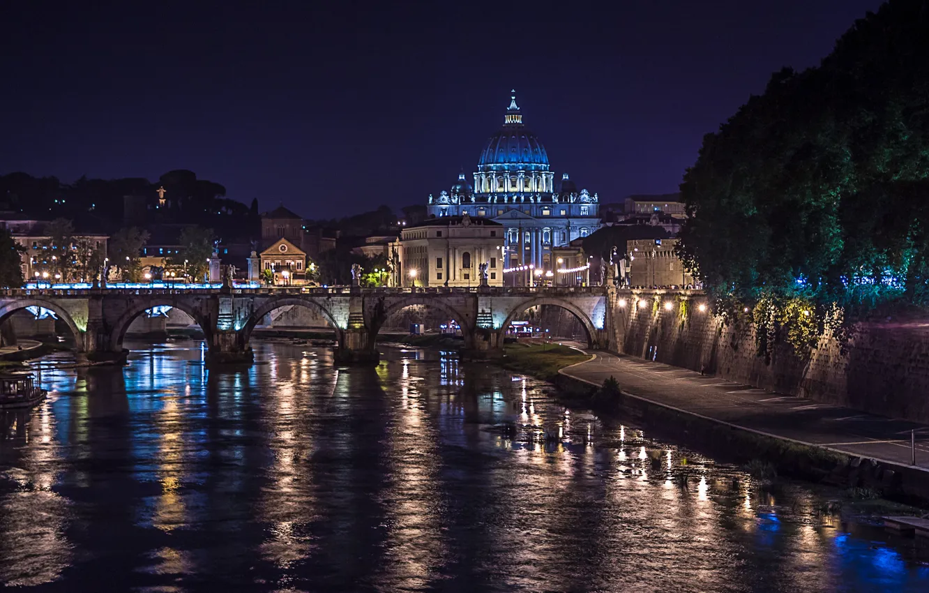 Фото обои ночь, мост, огни, река, Рим, Италия, Тибр, собор Святого Петра