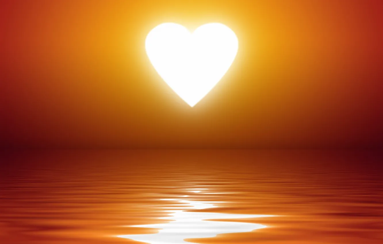 Фото обои волны, вода, солнце, закат, сердце, сердечко