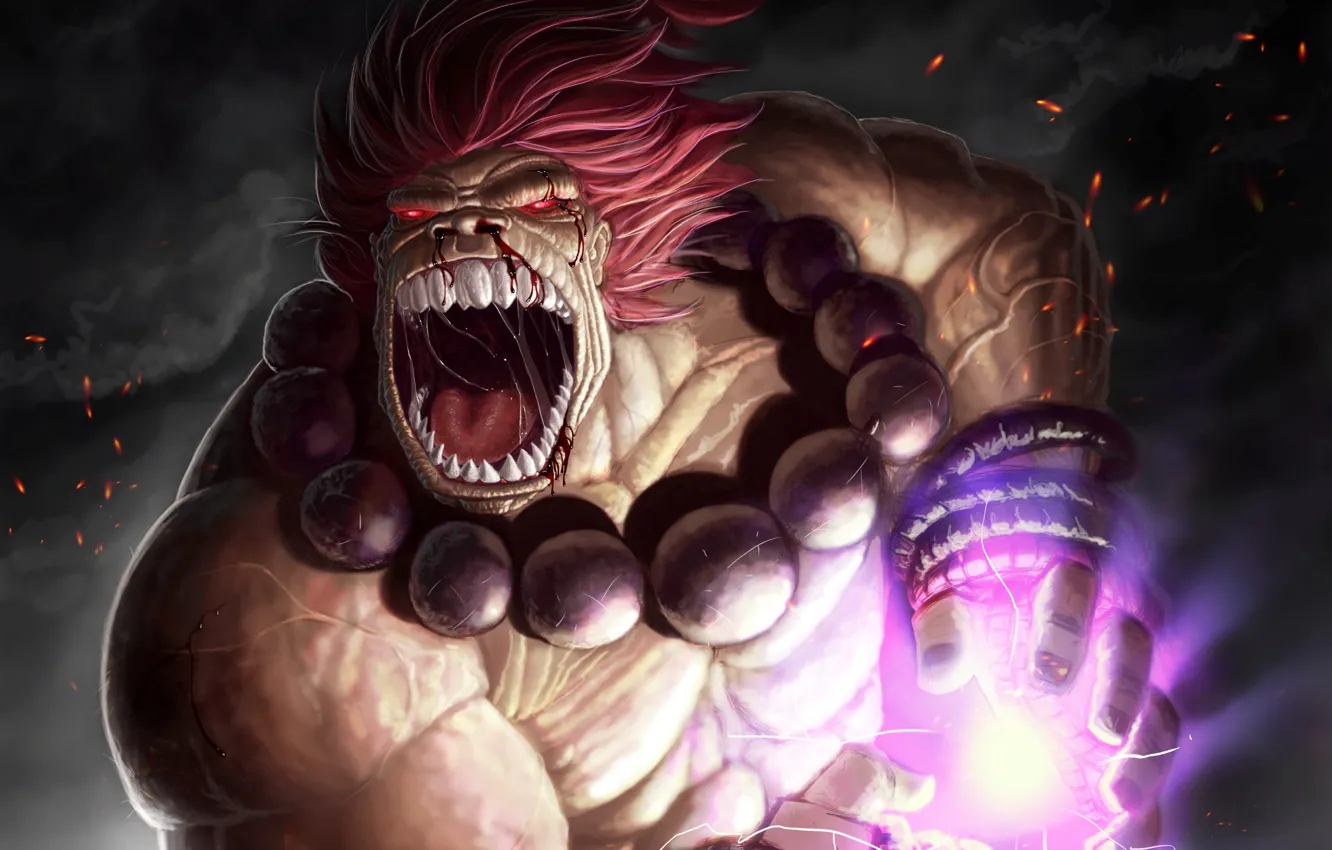 Фото обои зубы, ярость, бусы, красные глаза, Street Fighter, Akuma Zanku, mohammedAgbadi. арт