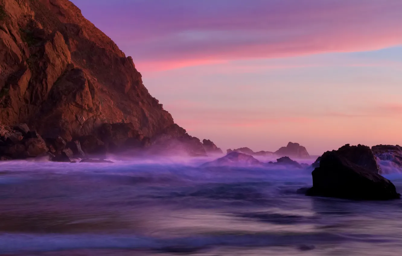 Фото обои пляж, закат, скала, камни, океан, california, сумерки, калифорния