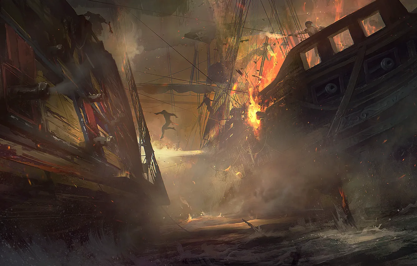 Фото обои море, вода, взрыв, огонь, корабли, пушки, абордаж, abordage