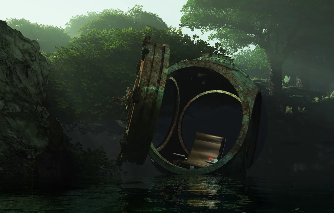 Фото обои лес, капсула, водоём, batyscaaf, Alien adrift