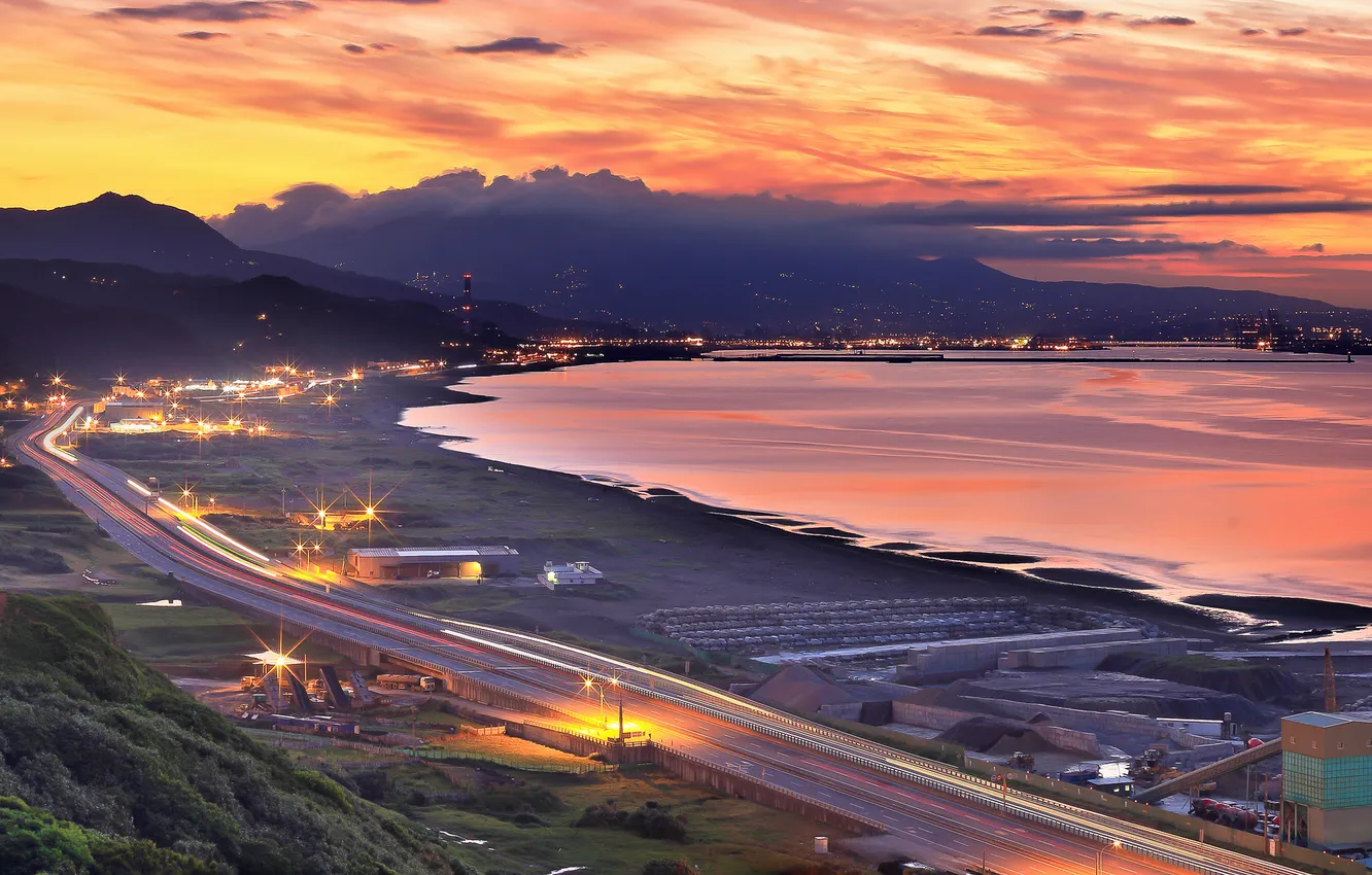 Фото обои пейзаж, горы, город, океан, рассвет, taiwan
