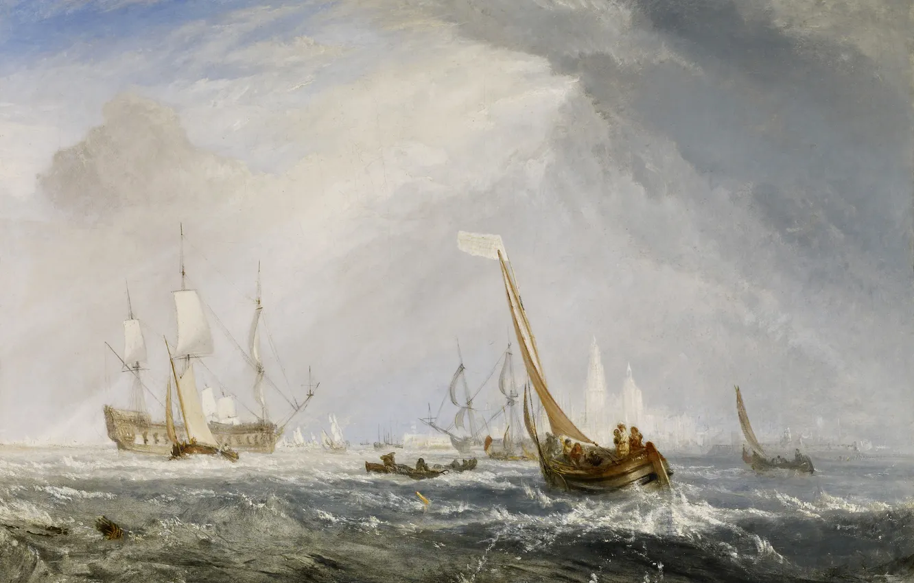 Фото обои море, лодка, корабль, картина, парус, морской пейзаж, Уильям Тёрнер, Antwerp - Van Goyen Looking Out …