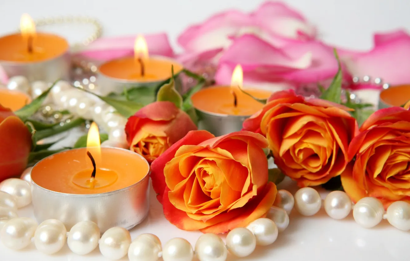 Фото обои цветы, розы, свечи, лепестки