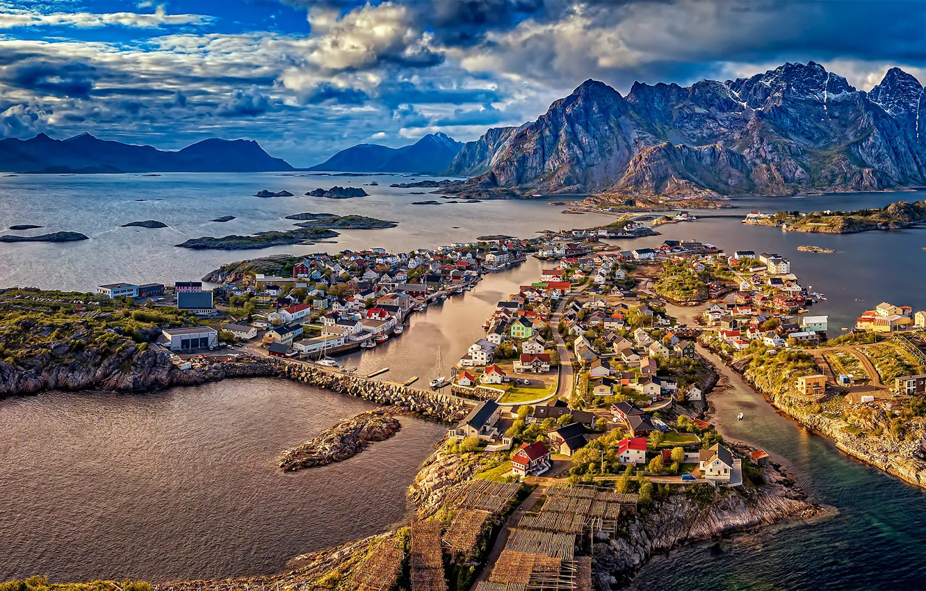 Фото обои острова, горы, дома, деревня, Норвегия, панорама, Norway, фьорд