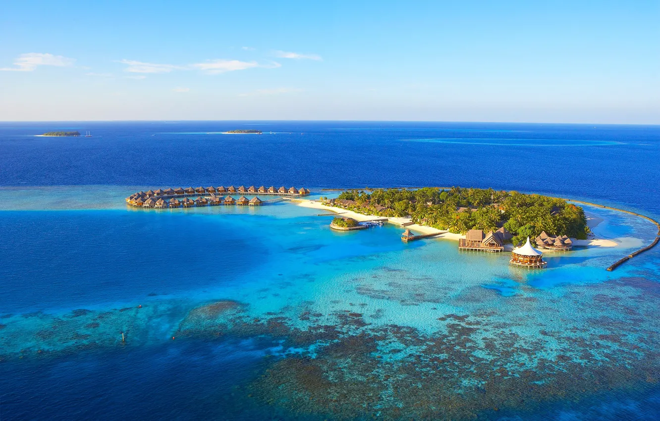 Фото обои океан, остров, Мальдивы, курорт