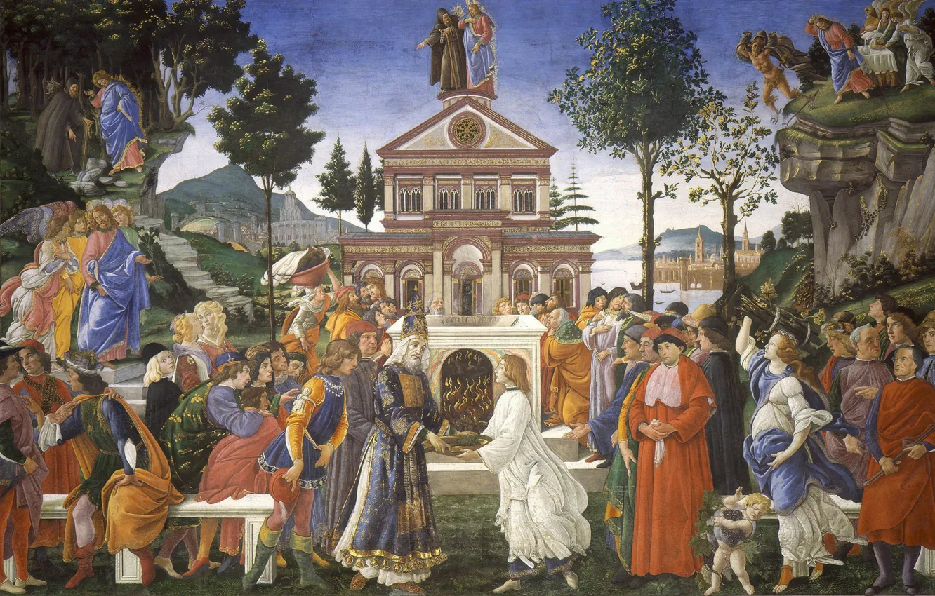 Фото обои картина, религия, мифология, Сандро Боттичелли, Три Искушения Христа