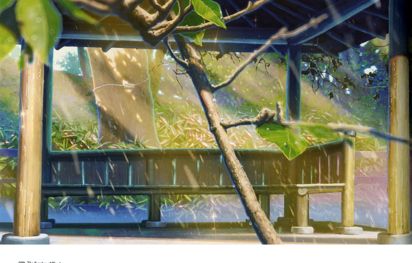Фото обои капли, скамейка, парк, дождь, беседка, kotonoha no niwa, сад изящных слов, by makoto shinkai