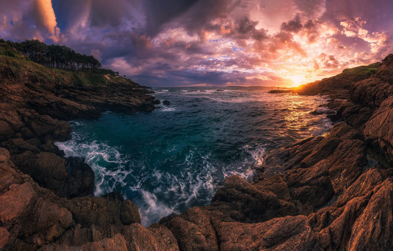 Фото обои закат, океан, побережье, бухта, Испания, Spain, Атлантический океан, Galicia