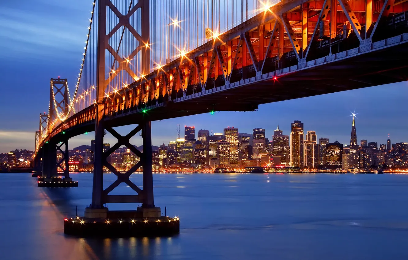 Фото обои ночь, город, огни, пролив, вечер, подсветка, залив, Сан-Франциско