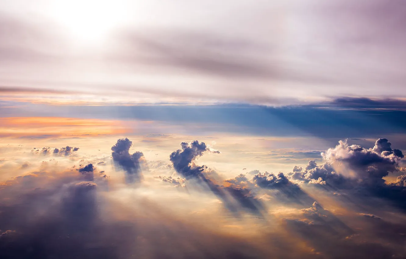 Фото обои Horizon, sky, landscape, clouds, sun rays, aerial view