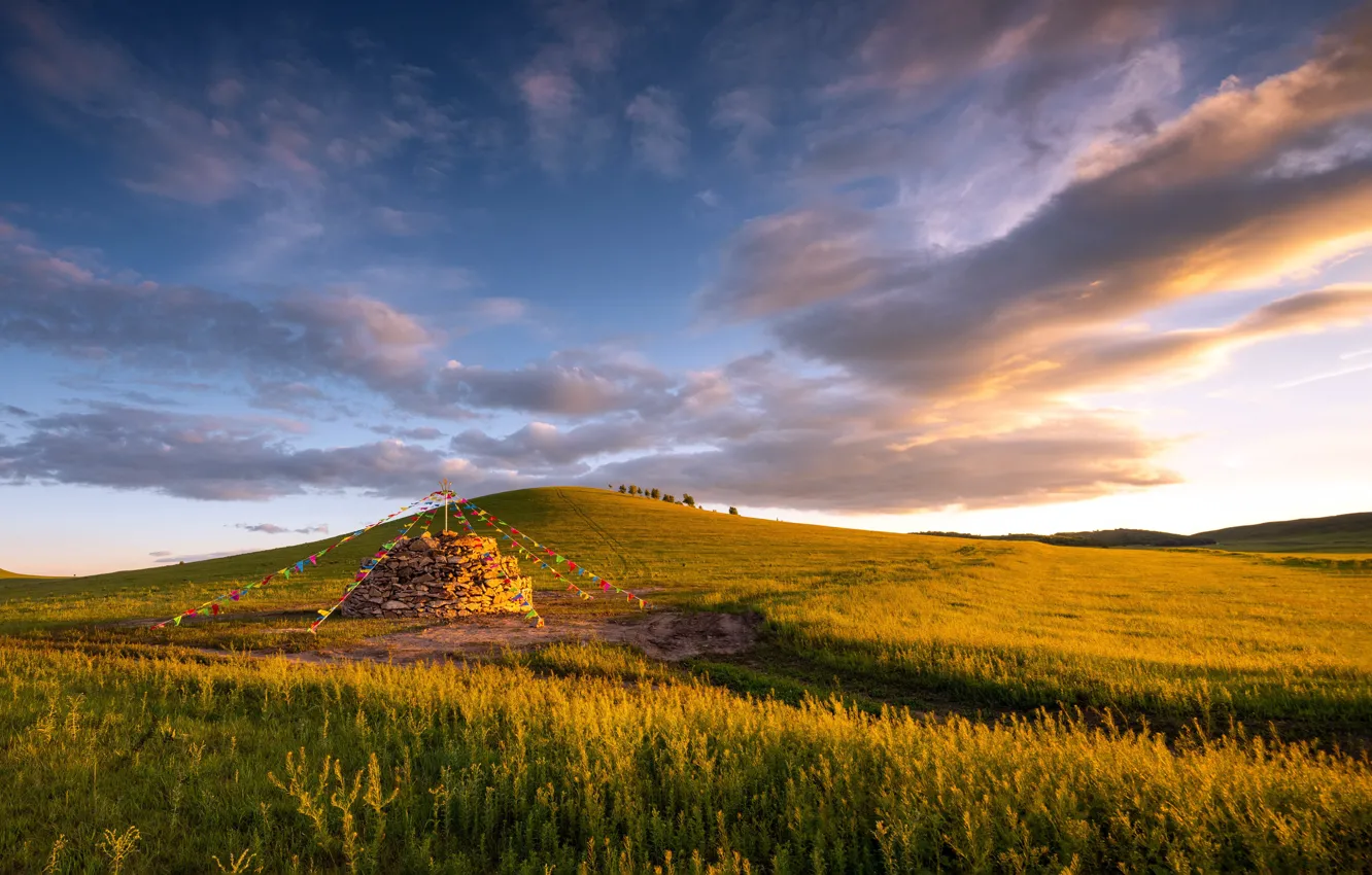 Фото обои лето, простор, Тибет, луга, Sunrise, Summer, Tibet, Grassland Prayer flag