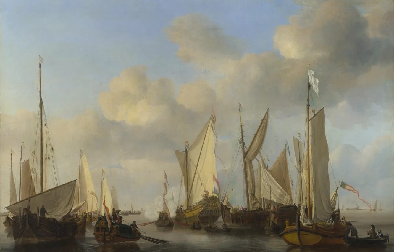 Фото обои корабль, картина, парус, Виллем ван де Велде Младший, Голландская яхта салютует, Willem van de Velde …