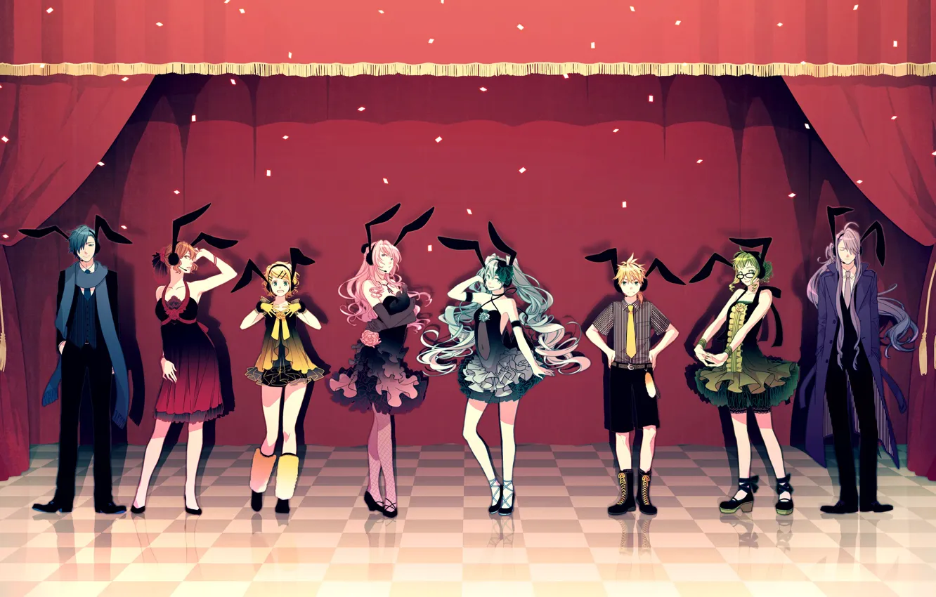 Фото обои сцена, кролики, зайцы, Vocaloid, Вокалоид, персонажи