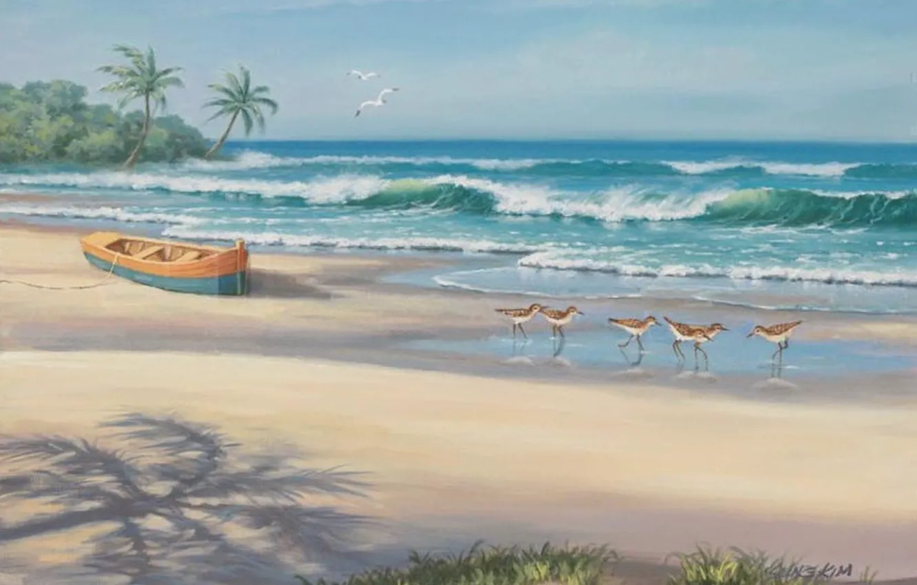 Фото обои море, пляж, лодка, картина, живопись, painting, Sung Kim